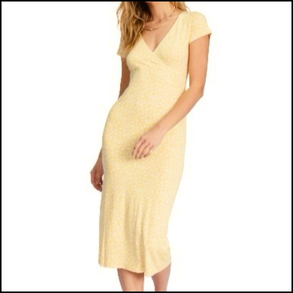 Billabong Dream On Yellow Ditsy Floral Jersey Knit Bodycon Midi Dress M Sundress
